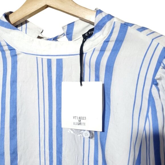 Blue & White Striped Tencel Blouse With Tie-Back & Pop Sleeves By Very J Sz M Ne - Picture 2 of 12